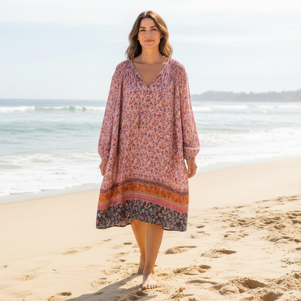 Johnny Was Jaded Floral Smocked Tunic Dress Pink Boho Rayon XXL